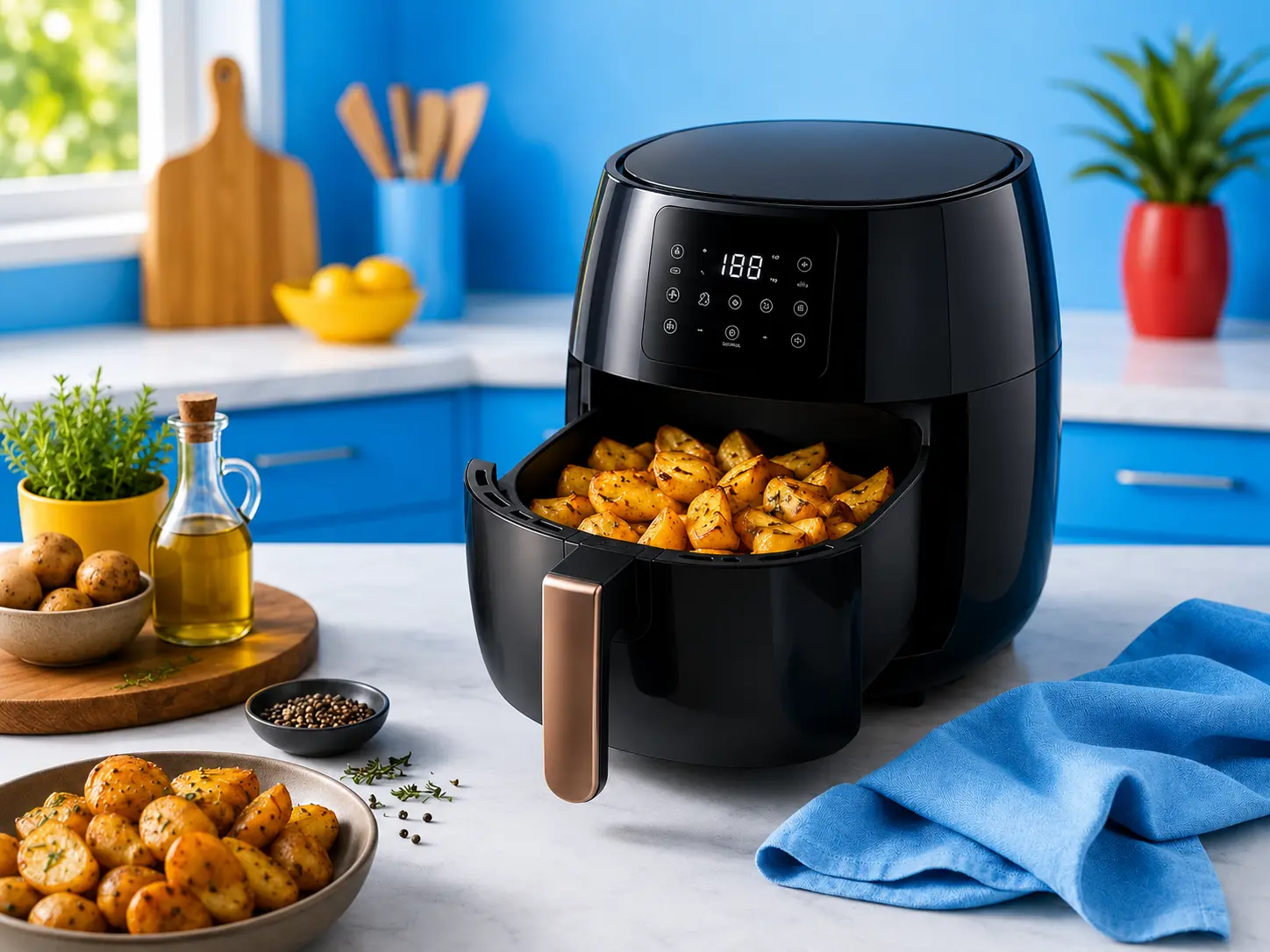 Air Fryer abierta con papas doradas y crujientes en una cocina azul