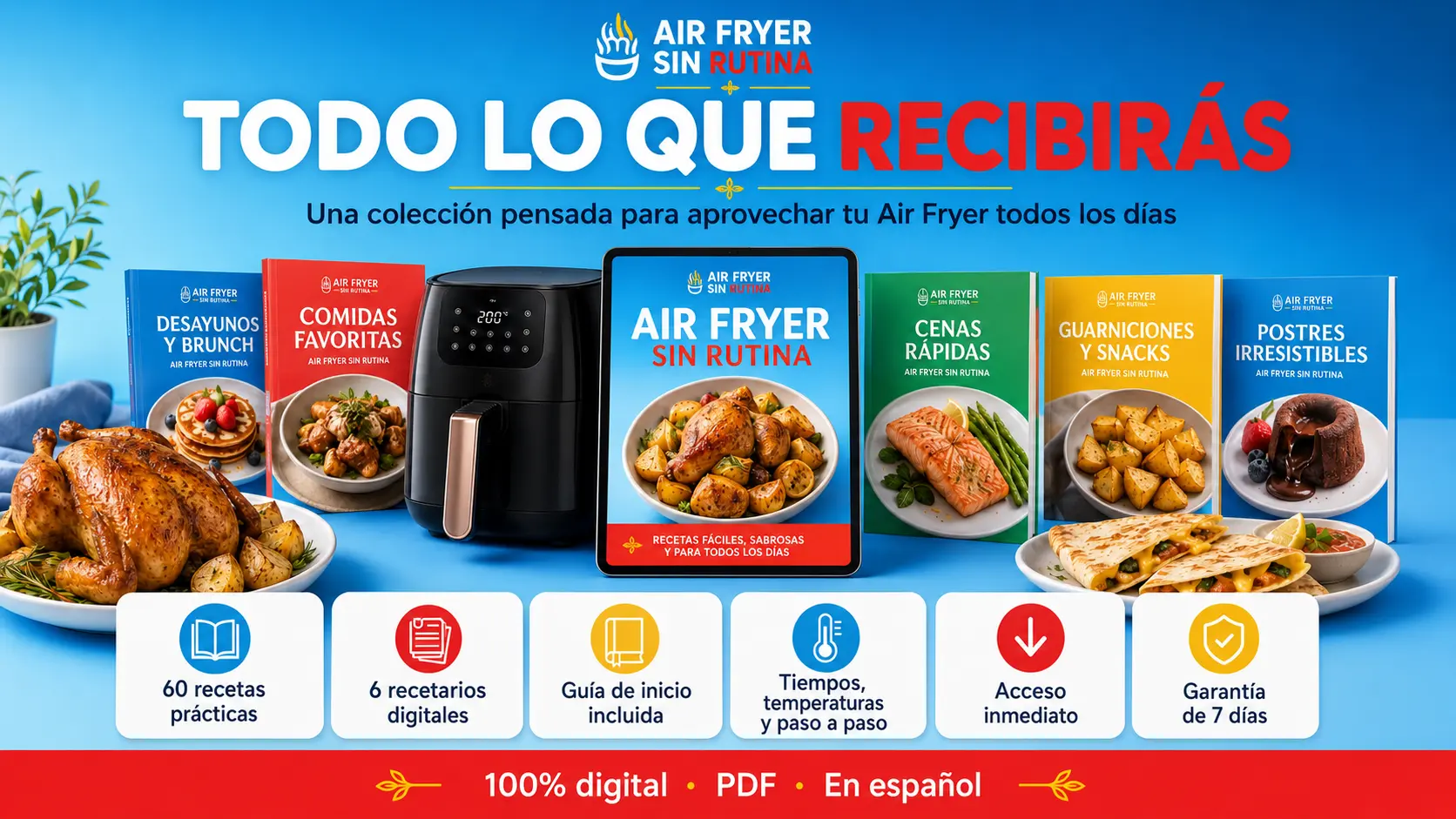 Todo lo que recibirás: seis recetarios digitales, guía de inicio, acceso inmediato y garantía