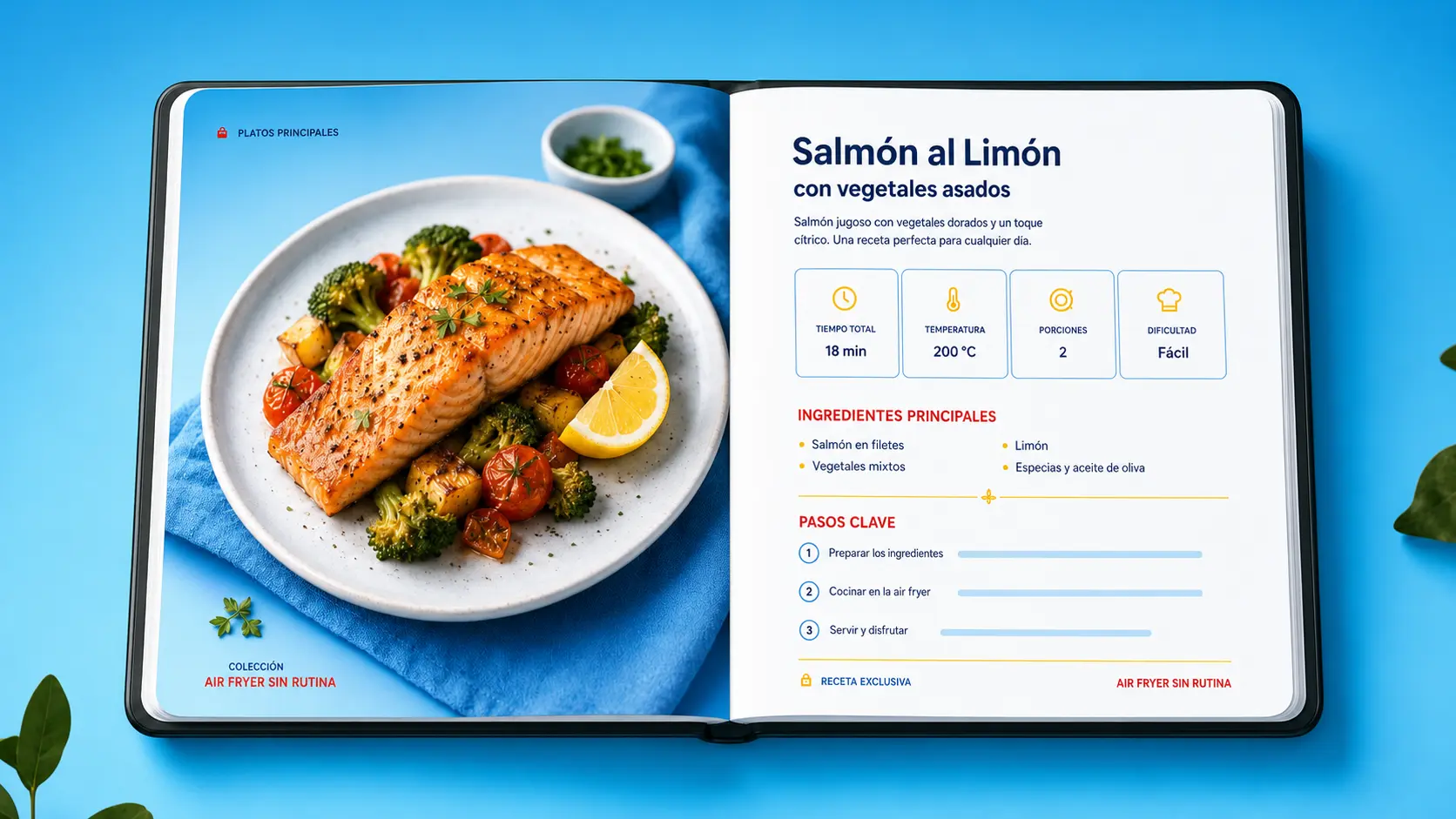 Ejemplo visual de una receta de salmón organizada dentro de Air Fryer Sin Rutina
