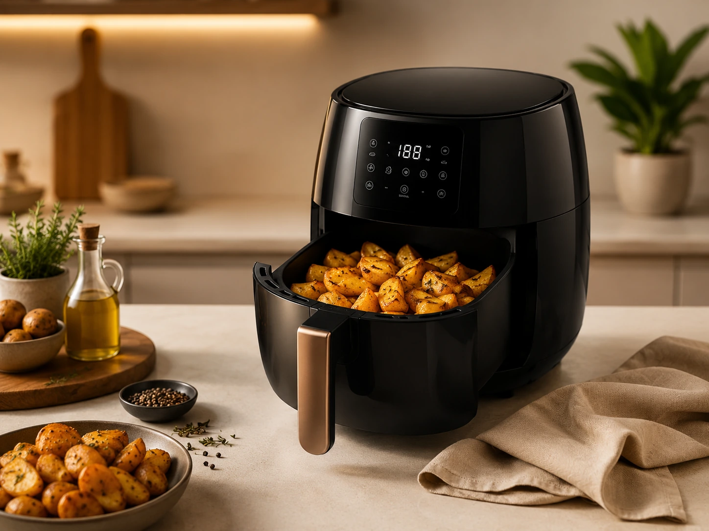 Air Fryer abierta con papas doradas y crujientes