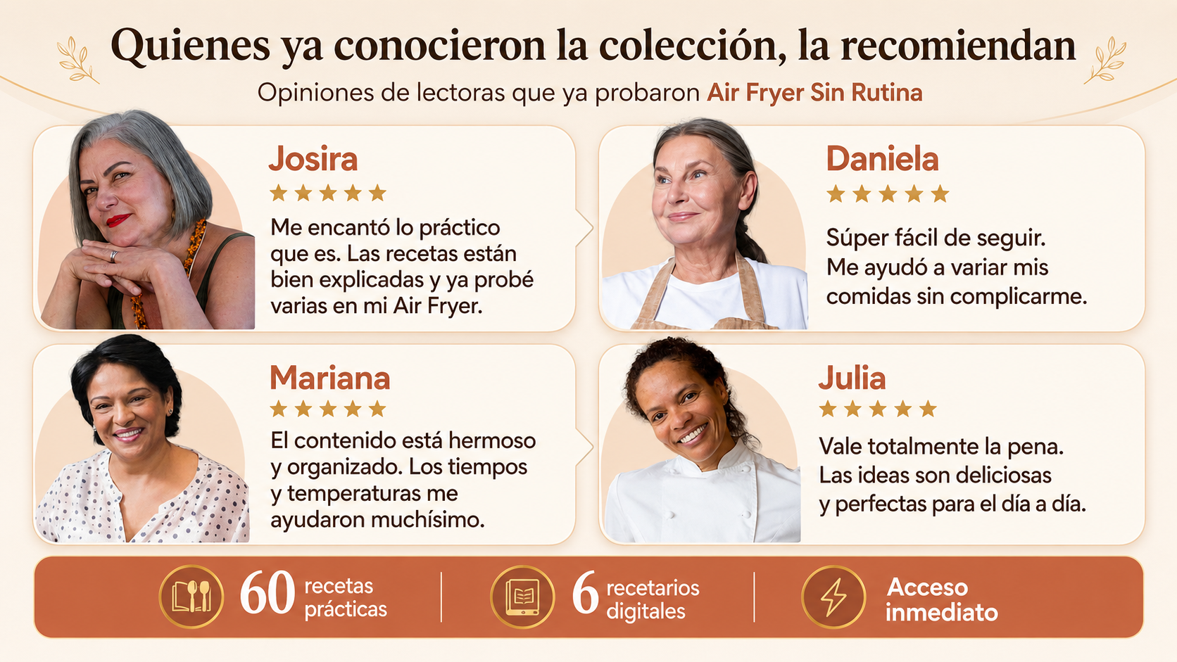 Opiniones reales de Josira, Daniela, Mariana y Julia sobre Air Fryer Sin Rutina